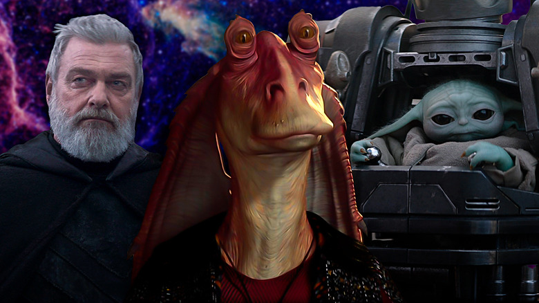 Baylan Skoll, Jar-Jar Binks, and Grogu